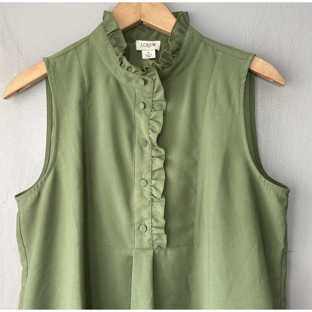 J Crew Ruffled Sleeveless Top Size 6 Green Office Siren Romantic Career Blouse